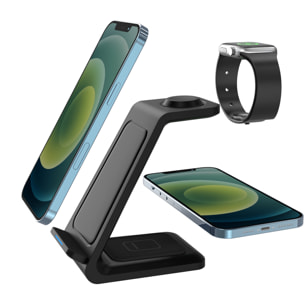 Stazione di ricarica 3 in 1 da 15w. Base di ricarica wireless Qi per 2 smartphone, auricolari e Apple Watch.