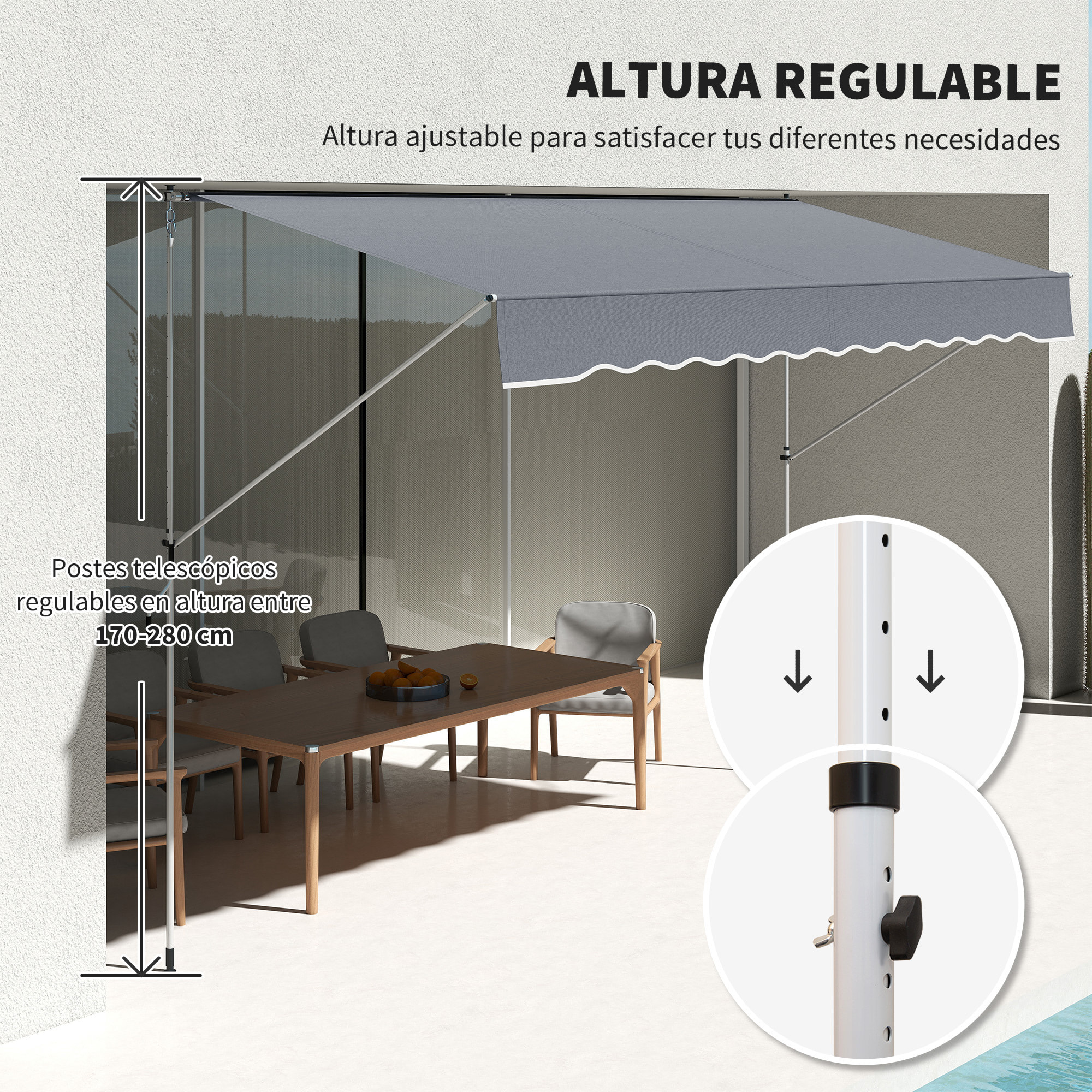 Toldo Manual Retráctil 4x1,2 m, Toldo Exterior Terraza Enrollable, Altura Ajustable 170-280 cm, con Manivela, Anti-UV e Impermeable, Sin Taladro, para Balcón, Jardín, Gris Oscuro