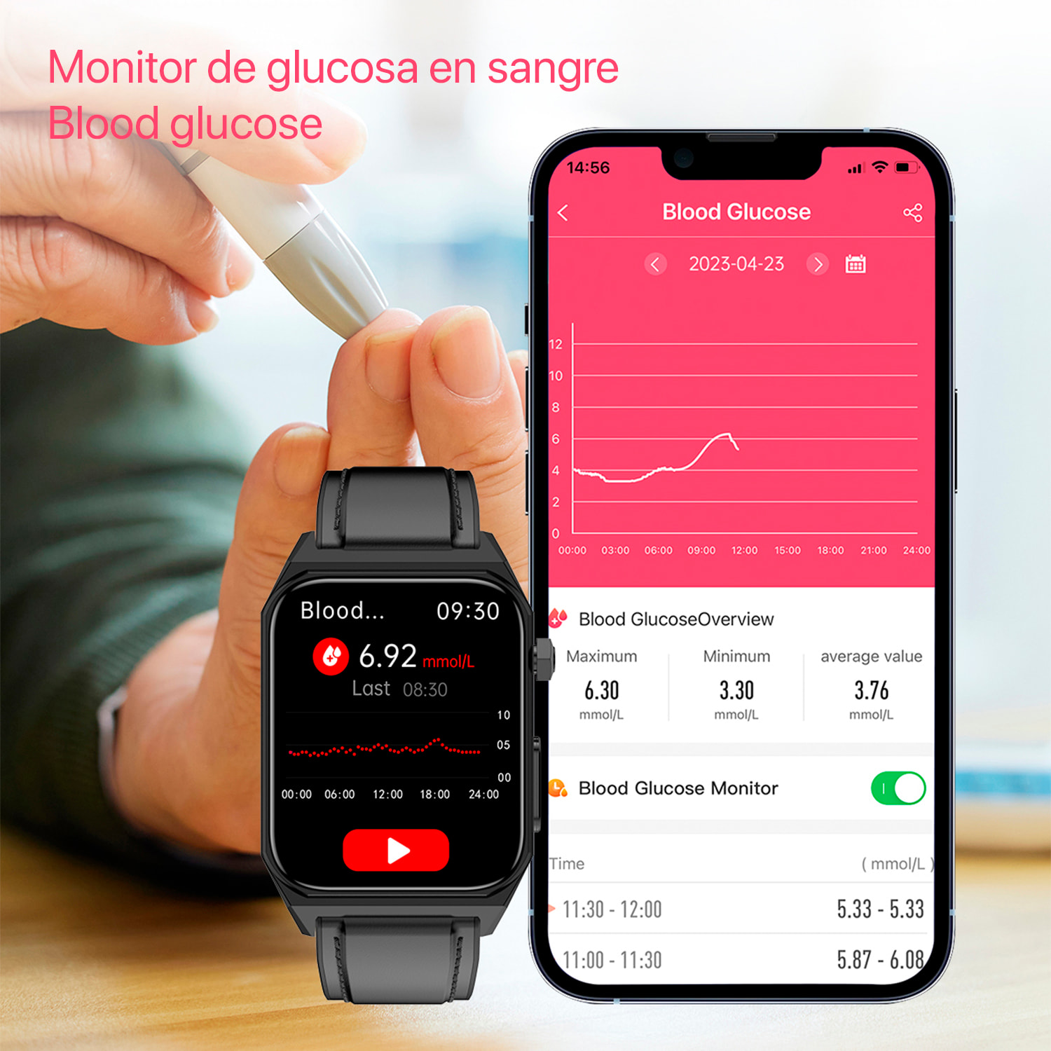 Smartwatch E530 con detección de glucosa en sangre, monitor de tensión y O2. ECG con medición en pecho. Pantalla de 1,91. Correa de metal.