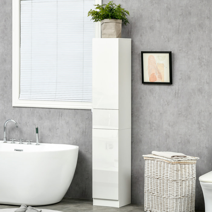 kleankin Armario Alto de Baño con 1 Cajón y 5 Estantes Abiertos Columna Auxiliar de Baño para Salón Aseo Dormitorio Estilo Moderno 30x28x170 cm Blanco