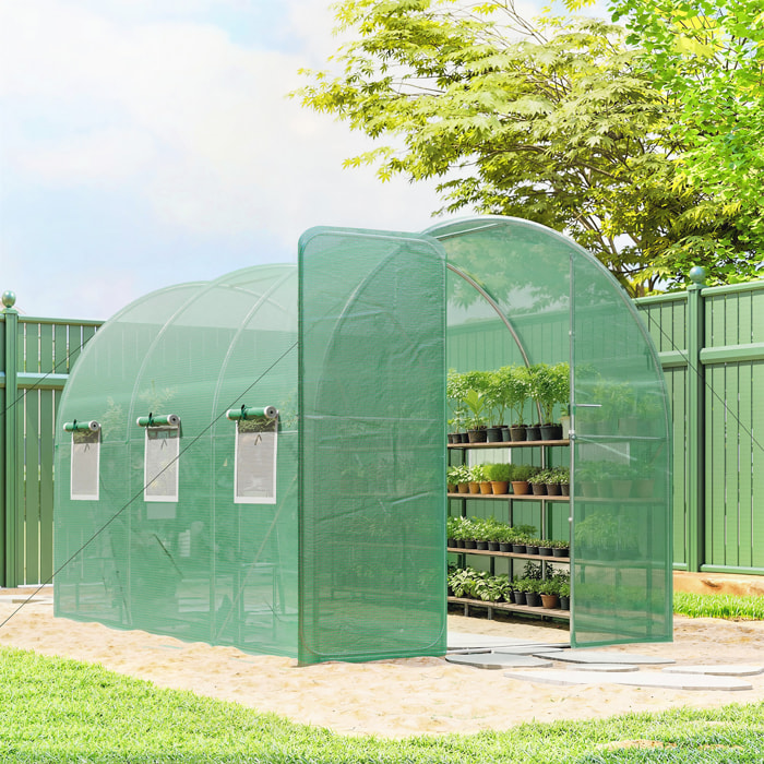 Serre tunnel de jardin 6m² porte et 8 fenêtres bâche PE 140 g/m² vert