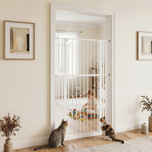 Barrera de Seguridad para Niños Perros y Gatos Extra Alta 160cm Extensible 76-105cm para Puertas Escaleras Valla para Perros Cierre Automático Montaje a Presión Abre 1 Mano 2 Extensiones Blanco