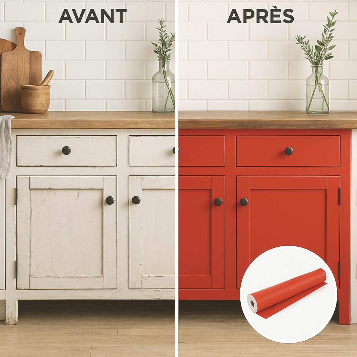 Rouleau adhésif décoratif Vinyle au Mètre - Rouge coquelicot - Sticker Lavable Imperméable Mur Cuisine Meubles