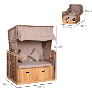 Outsunny Corbeille de plage 2 places pliable - Cabine de plage inclinable - abri plage strandkorb - coussins, repose-pieds, tablettes, pare-soleil - bois résine tressée polyester taupe