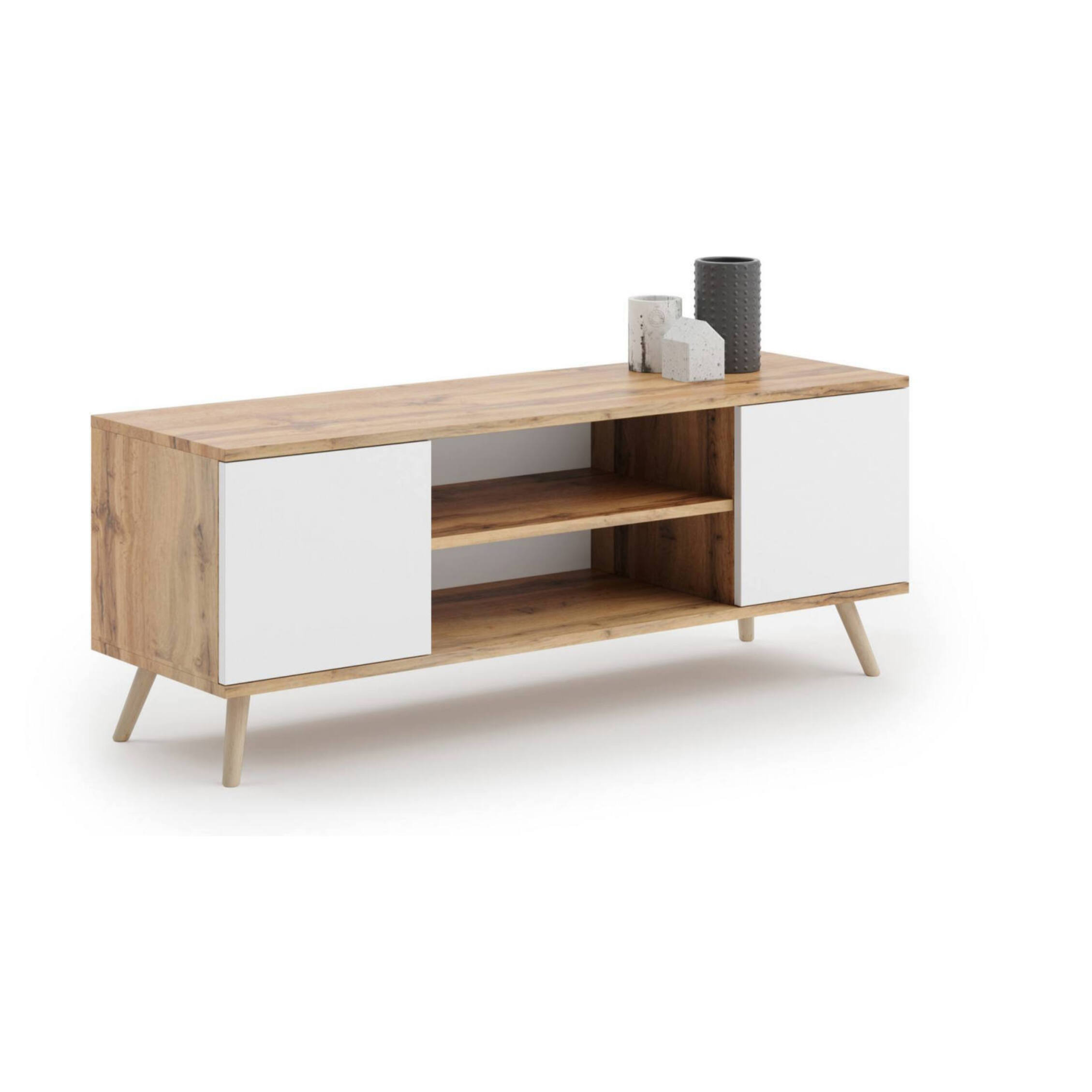 Mobile porta tv con 2 ante e 1 ripiano centrale, Credenza con piedini, Buffet da soggiorno in stile scandi, cm 155x40h50, colore Bianco e Acero