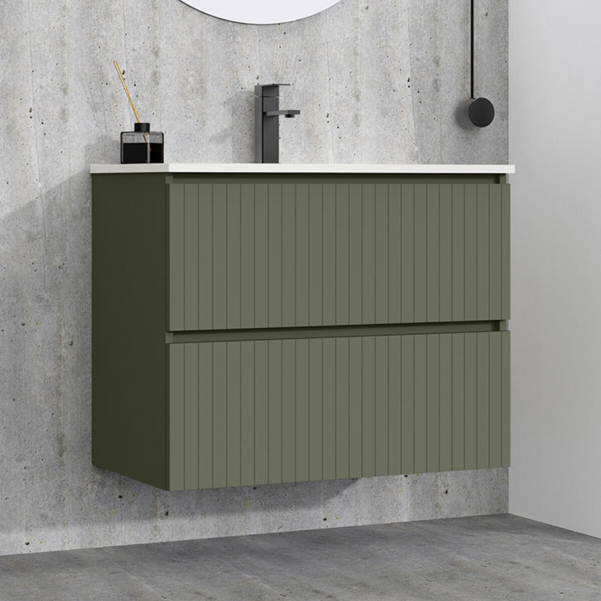 Conjunto de Baño Miya | Mueble de Baño Suspendido | 80 cm Verde Musgo| Dos Cajones | Lavabo Encastrado | No incluye Espejo | Alday