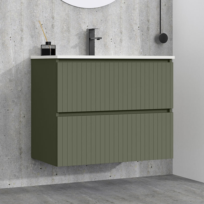 Conjunto de Baño Miya | Mueble de Baño Suspendido | 80 cm Verde Musgo| Dos Cajones | Lavabo Encastrado | No incluye Espejo | Alday