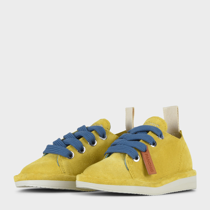 SCARPA ALLACCIATA P01 BIMBO IN SUEDE GIALLO-BLU DENIM