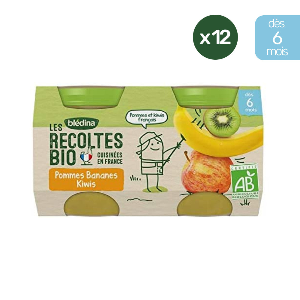 24 Petits Pots Pommes, Bananes, Kiwis 12x(2x130g) - Les Récoltes Bio Dès 6 Mois