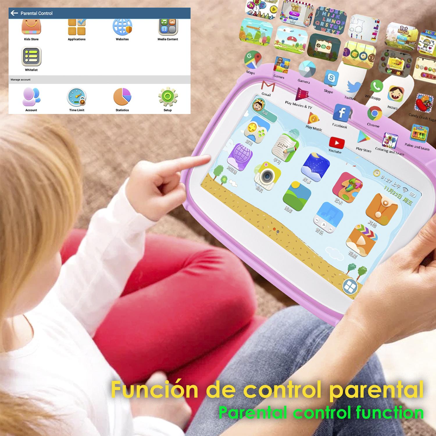 DAM Tablet Infantil A133 WiFi. SO Android 11. Pantalla 7'' 1024x600px. Quad-core ARM Cortex™ A53. 2GB RAM + 32GB. Doble cámara. 20x2x18,5 Cm. Color: Rosa