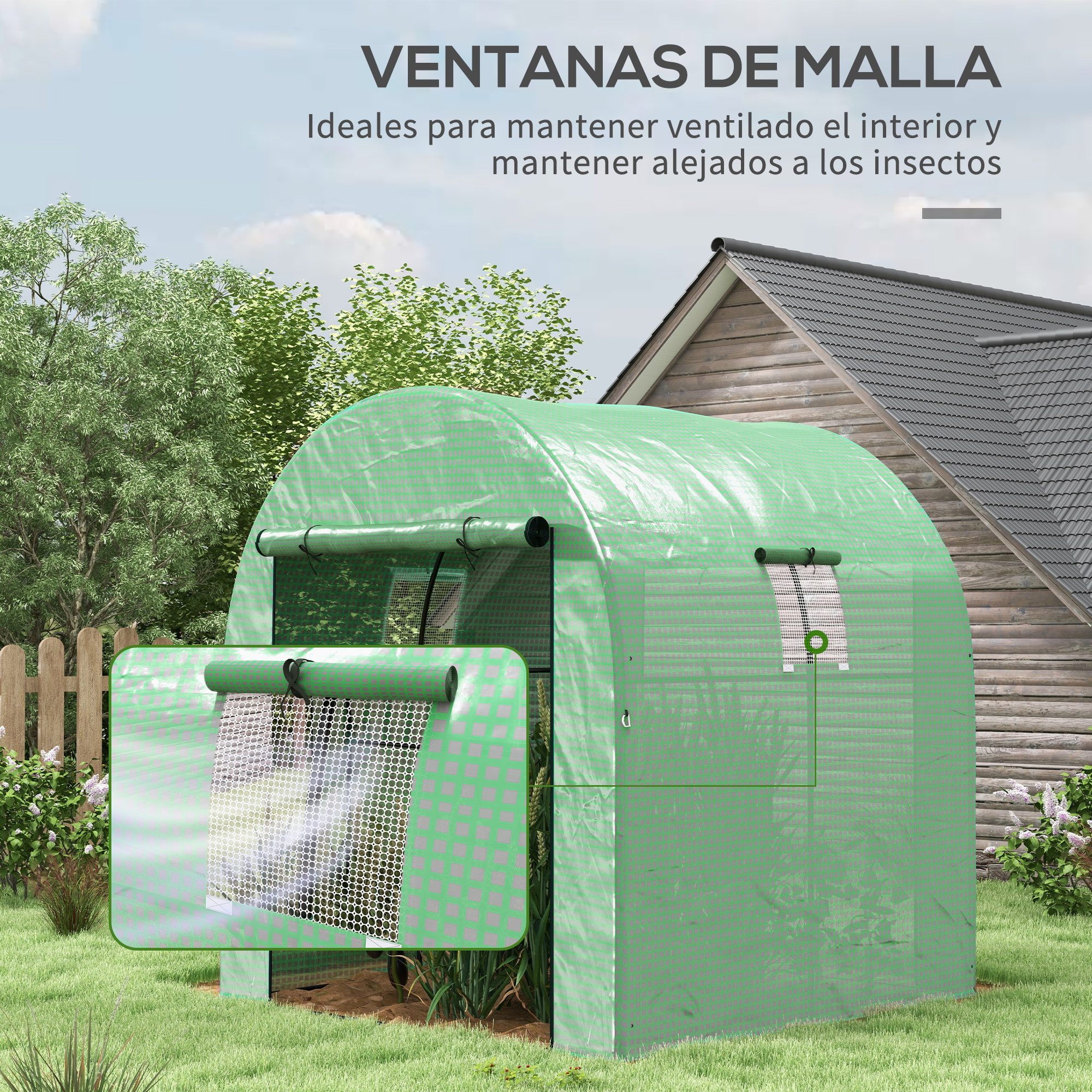 Invernadero de Exterior, Invernadero de Túnel con 2 Puertas Enrollables, 2 Ventanas de Malla, Cubierta PE 135g/m², Anti-UV, Marco de Acero, para Cultivos, Plantas, 180x180x200 cm, Verde