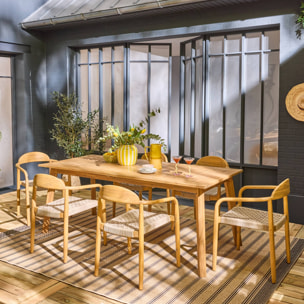 Table de jardin extensible bois d'acacia + 6 assises en résine couleur naturel Palena + Cerina