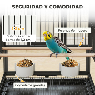 Jaula para Pájaros Jaula Grande de 2 Niveles con Ruedas Paneles Acrílicos Comederos Perchas Estante Bandejas Extraíbles Pajarera para Loros Canarios 48x46x134,5 cm Negro