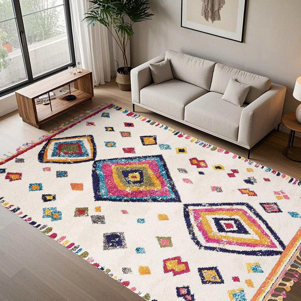 Tapis Mevo crème et multicolore motif traditionnel berbère