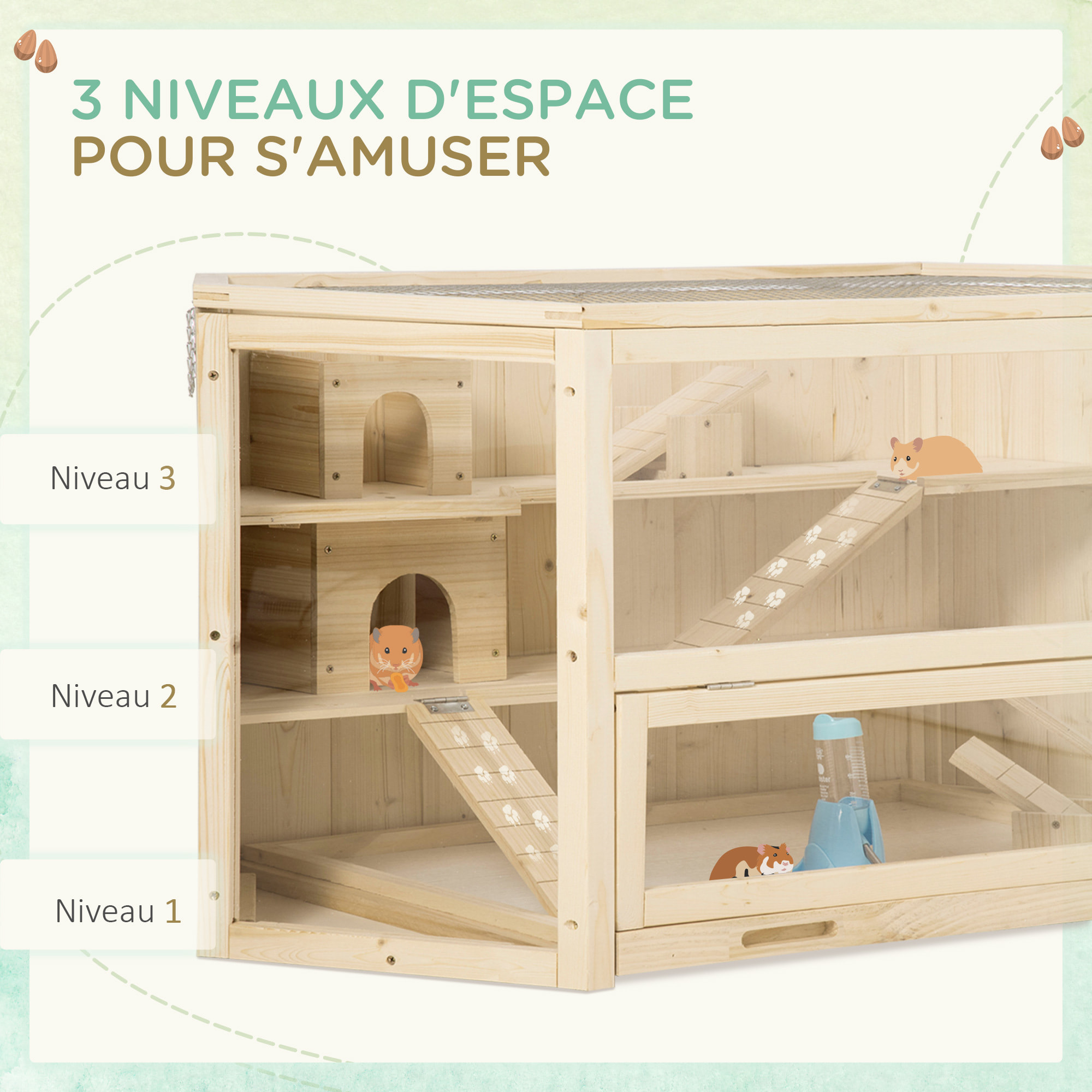 Cage pour hamster 2 étages dim. 115x60x55cm bascules biberon eau fenêtres cabanes toit ouvrable plateau déjection bois
