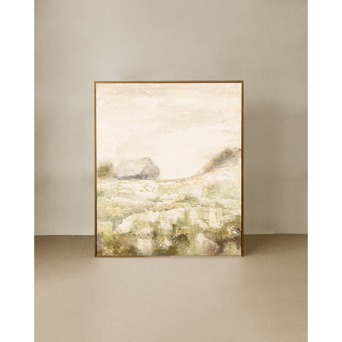 Tableau beige et vert décoratif sur coton avec cadre en bois peint à la main à la peinture à l'huile en différentes tailles