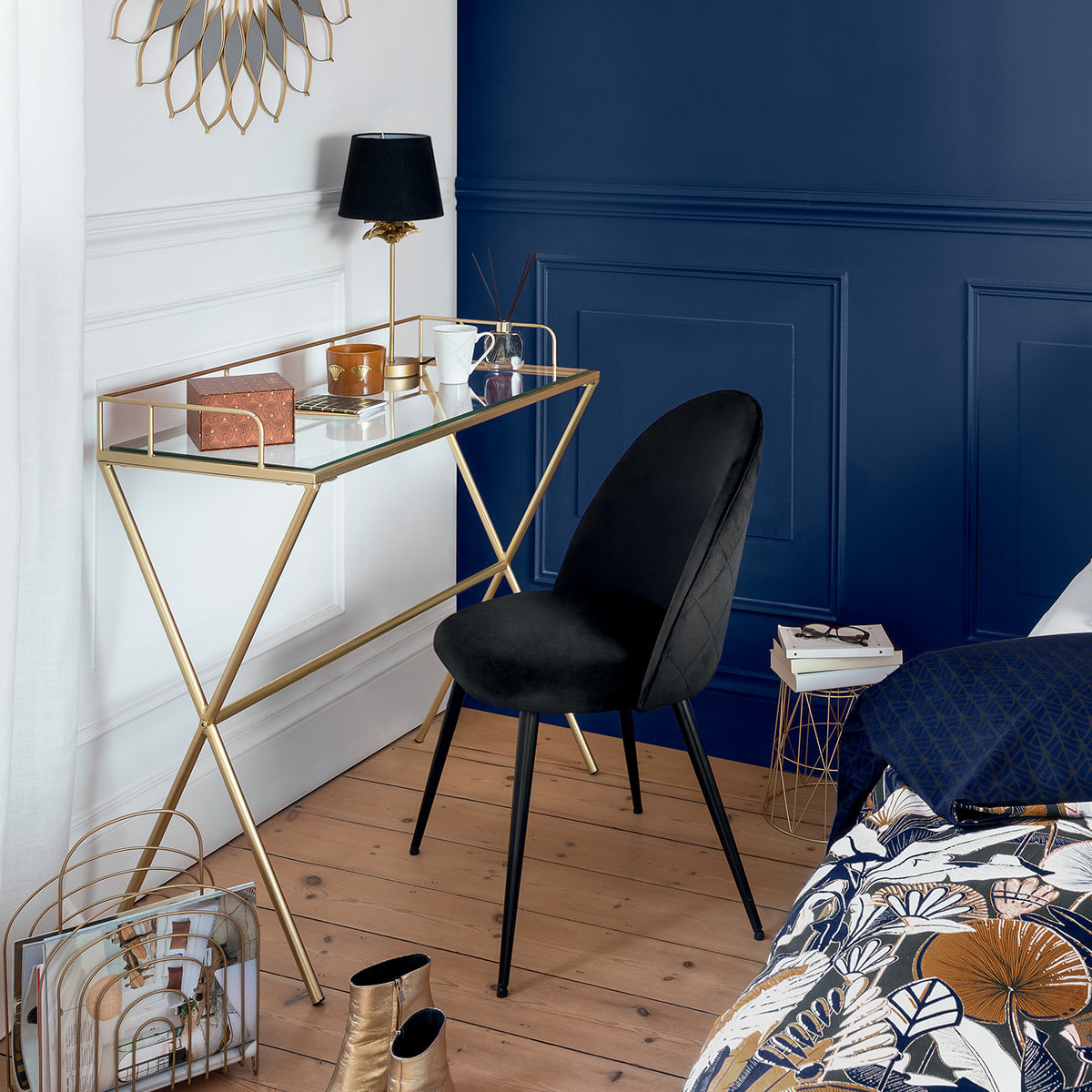 Chaise "Slano" - noir - velours - pieds métal noir