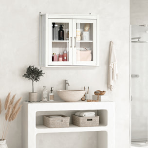 kleankin Armario de Baño de Pared con 2 Puertas de Vidrio y Estante Ajustable Mueble Colgante de Baño para Cocina Dormitorio Aseo Estilo Moderno 60x19,5x54 cm Blanco