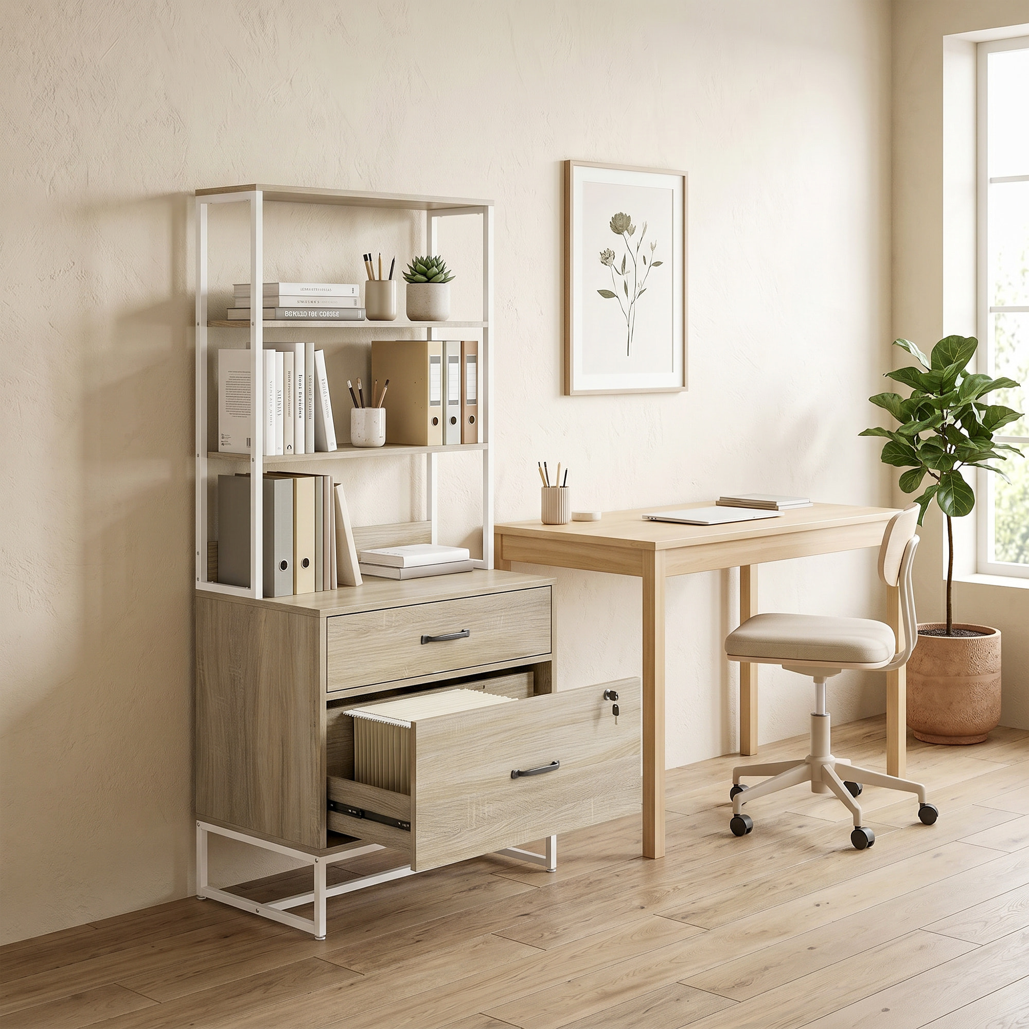 Cajonera Escritorio con Estantería, Mueble Archivador con 2 Cajones, Encimera para Impresora, Cerradura, para A4 Letter Legal, para Oficina, Estudio, Roble