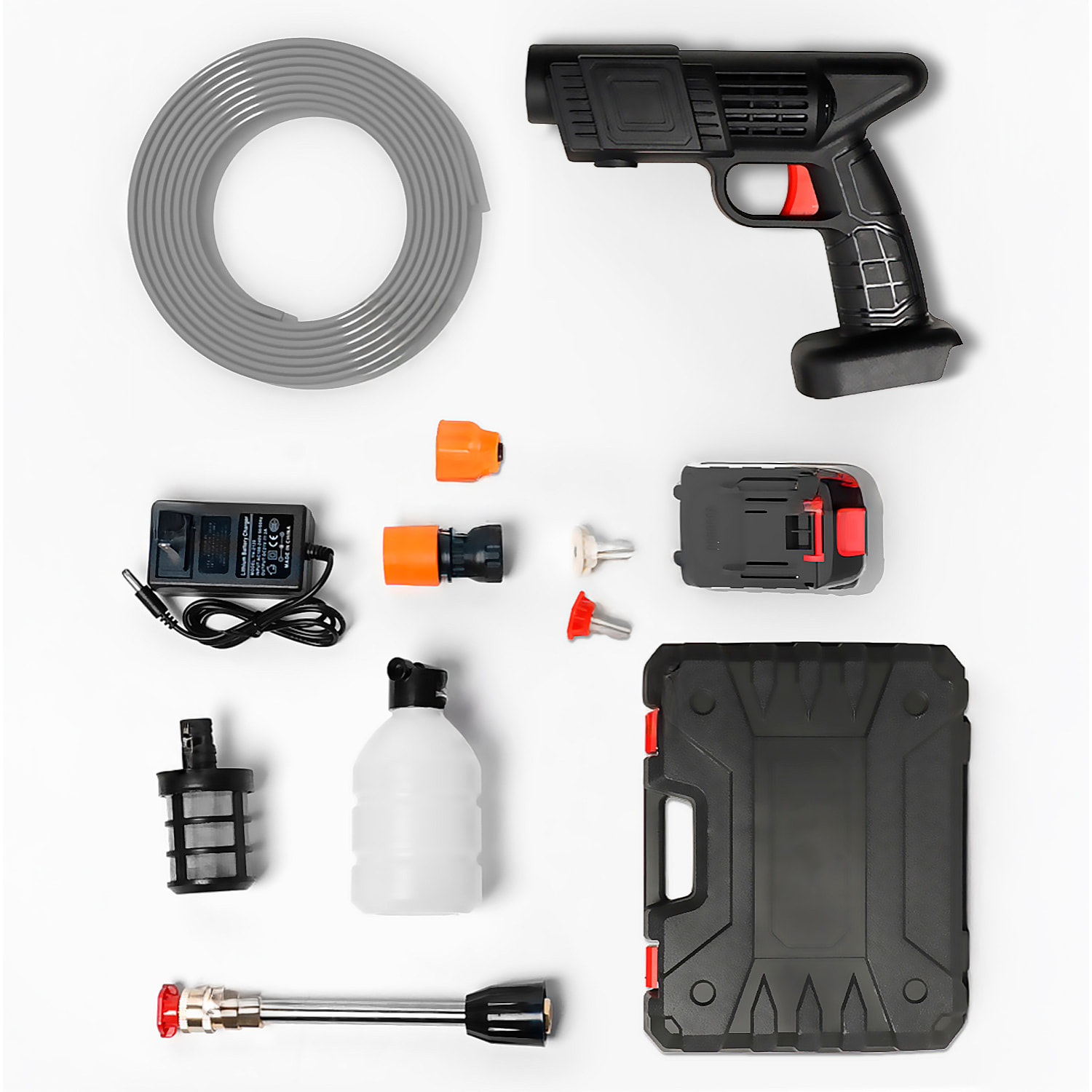 Pistola per lavaggio a pressione con batteria integrata da 12000 mAh, 3 adattatori di lavaggio diversi, potenza di 300W e 25 bar di pressione.
