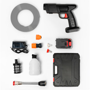 Pistola per lavaggio a pressione con batteria integrata da 12000 mAh, 3 adattatori di lavaggio diversi, potenza di 300W e 25 bar di pressione.