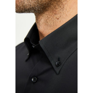 Camicia Uomo 1 Bottone Button Down Manica Corta Slim Popeline Stretch Unito Nero