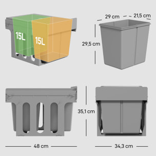 Cubo de Basura bajo Fregadero, Cubos de Basura con 2 Contenedores de Reciclaje Extraíbles, Capacidad Total 30L (15Lx2), Fijación Inferior, para Reciclaje y Residuos, Gris Claro