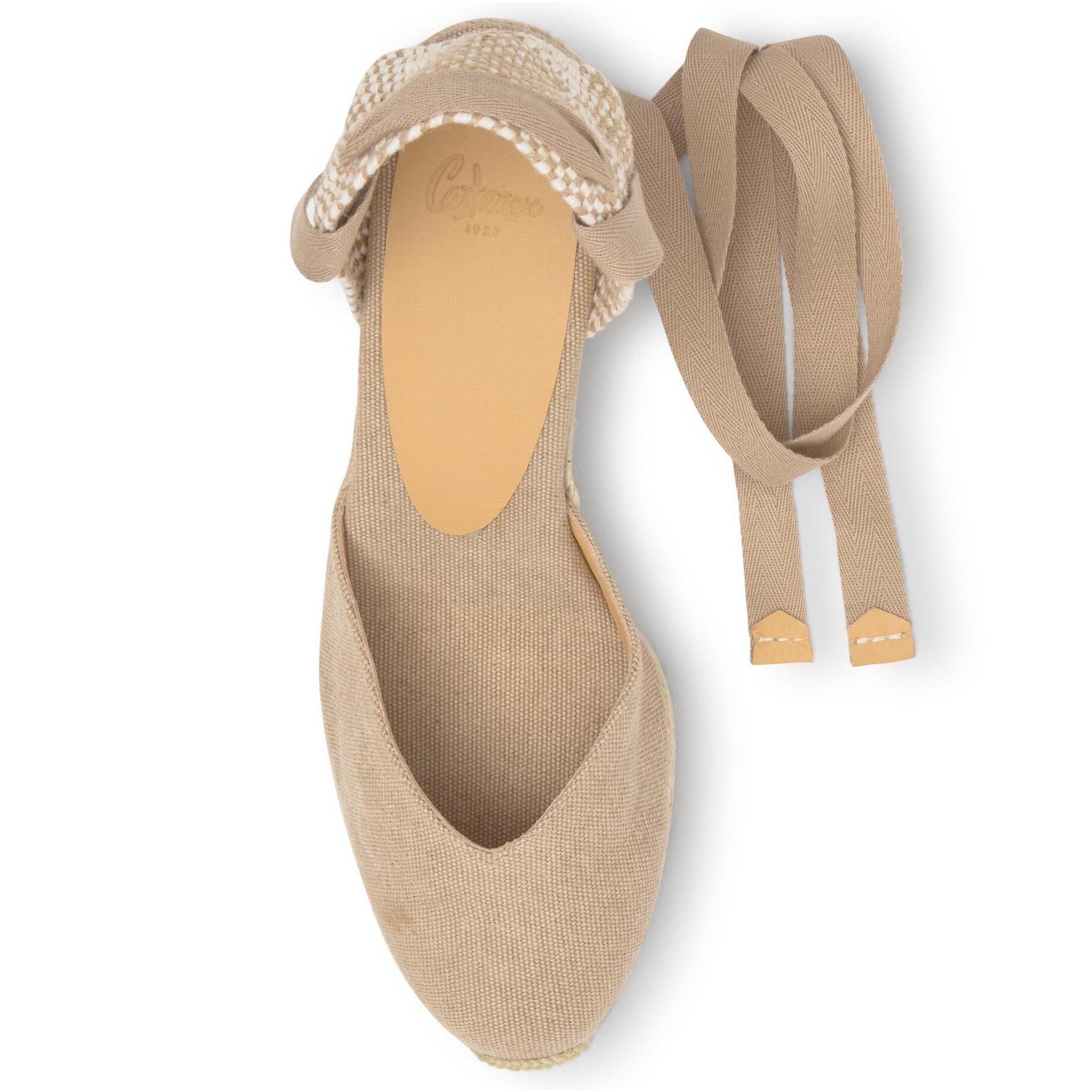 Alpargata con cuña 7 cm en lona de algodón con pala en v y cintas al tobillo