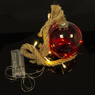 DAM Palla  da 9 cm. Decorazione natalizia con 14 LED. Corda naturale per appendere da 60 cm. 65x9,5x9,5cm. colore rosso