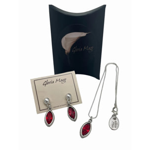 Conjunto colgante y pendientes de lagrá­ma en zamak chapado plata de ley y cristal facetado en rojo