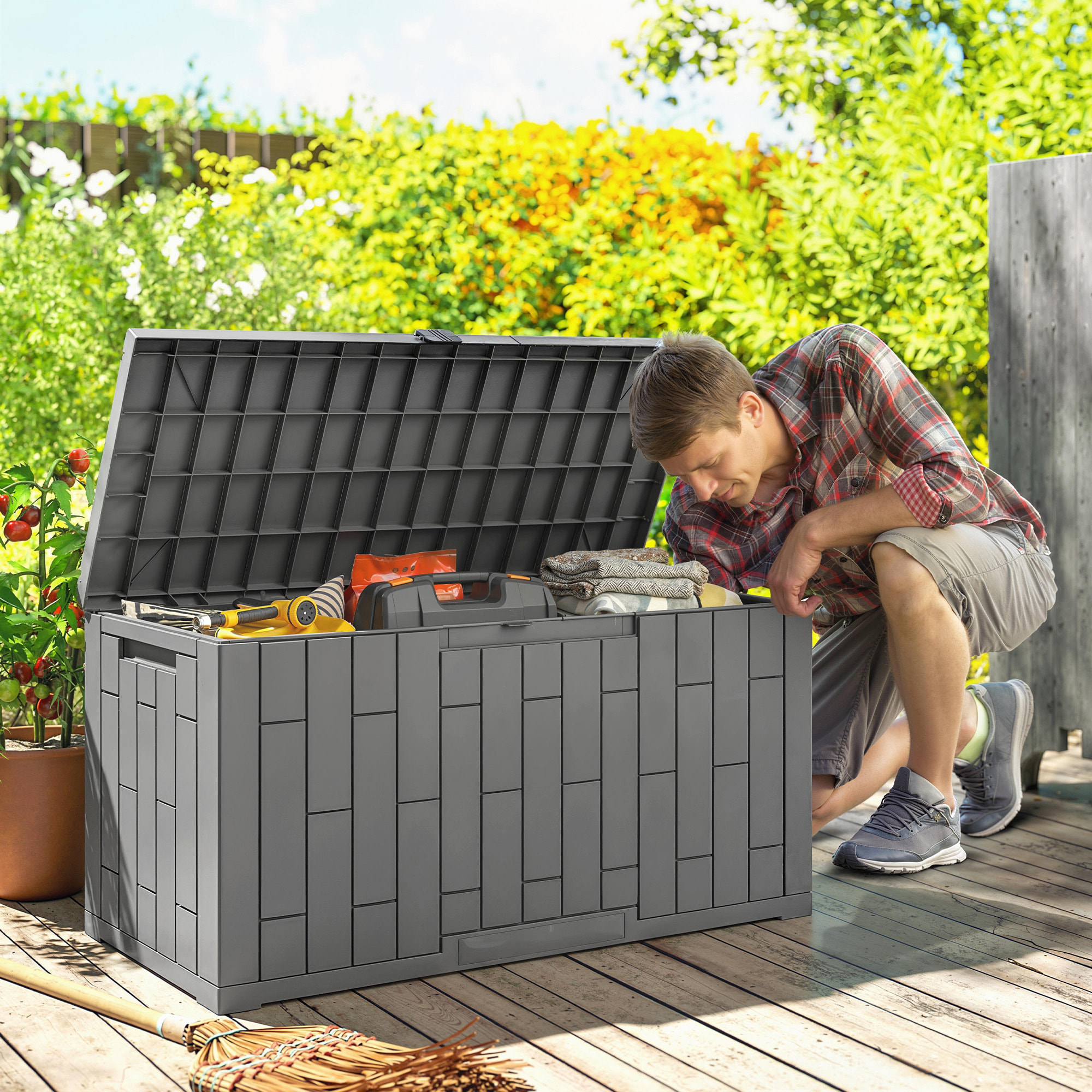 Coffre de jardin 227L verrouillable PP aspect bois gris