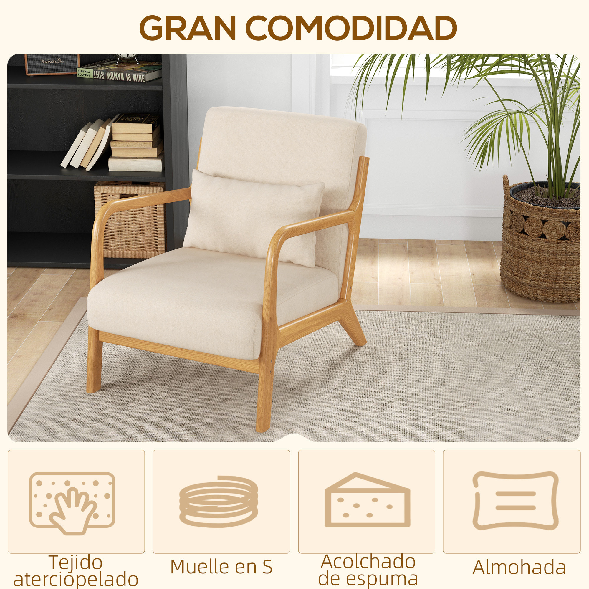 Butaca de Salón Butaca Nórdica Sillón de Salón con Reposabrazos Cojín y Marco de Madera de Caucho para Dormitorio Carga 120 kg 61x78x76 cm Beige