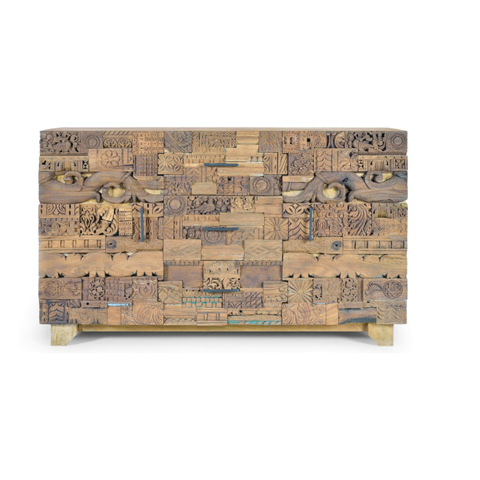 Aparador de Madera de Mango, Madera Recuperada Estilo Boho Étnico Tallado