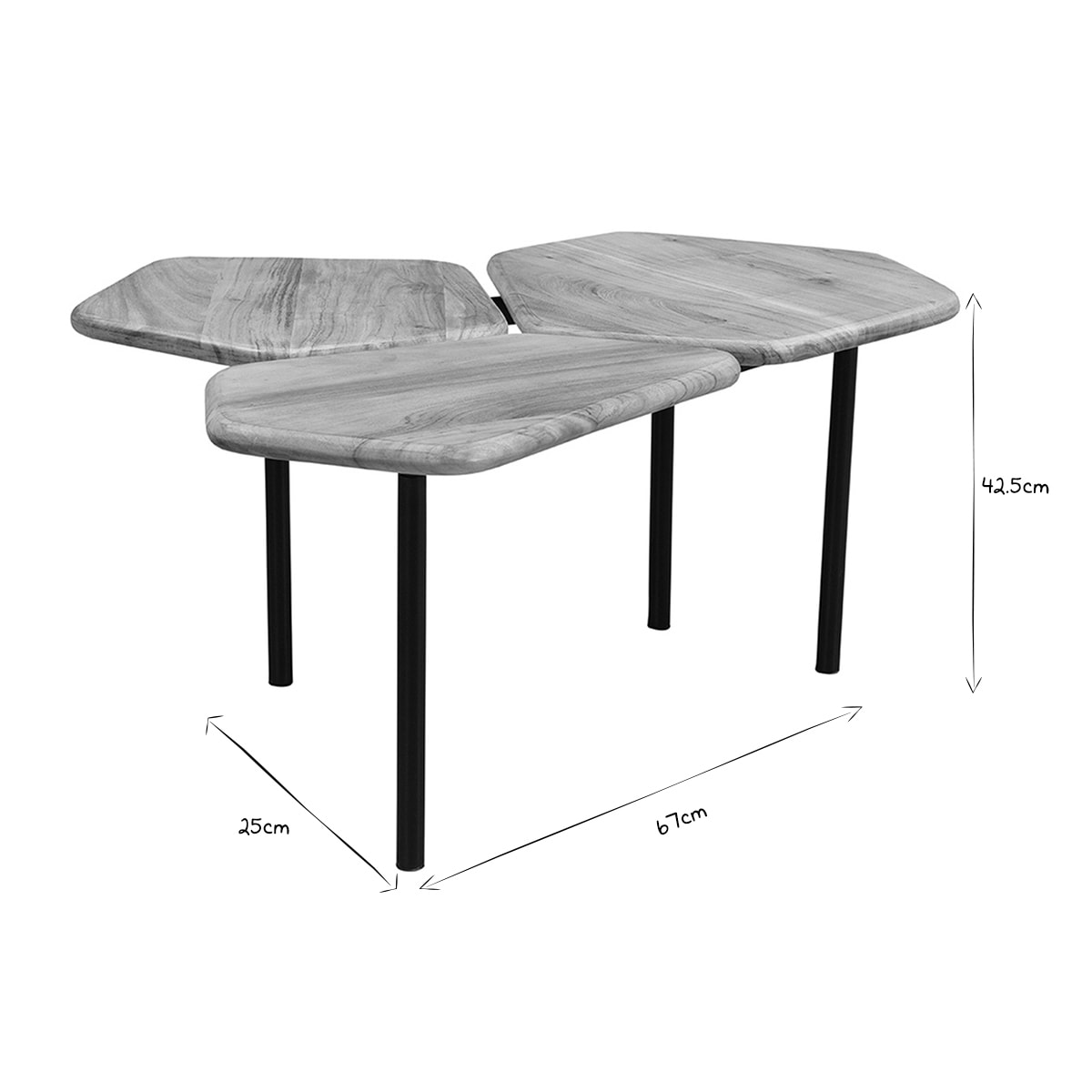 Table basse 3 plateaux bois massif et métal noir L95 cm SUZANE