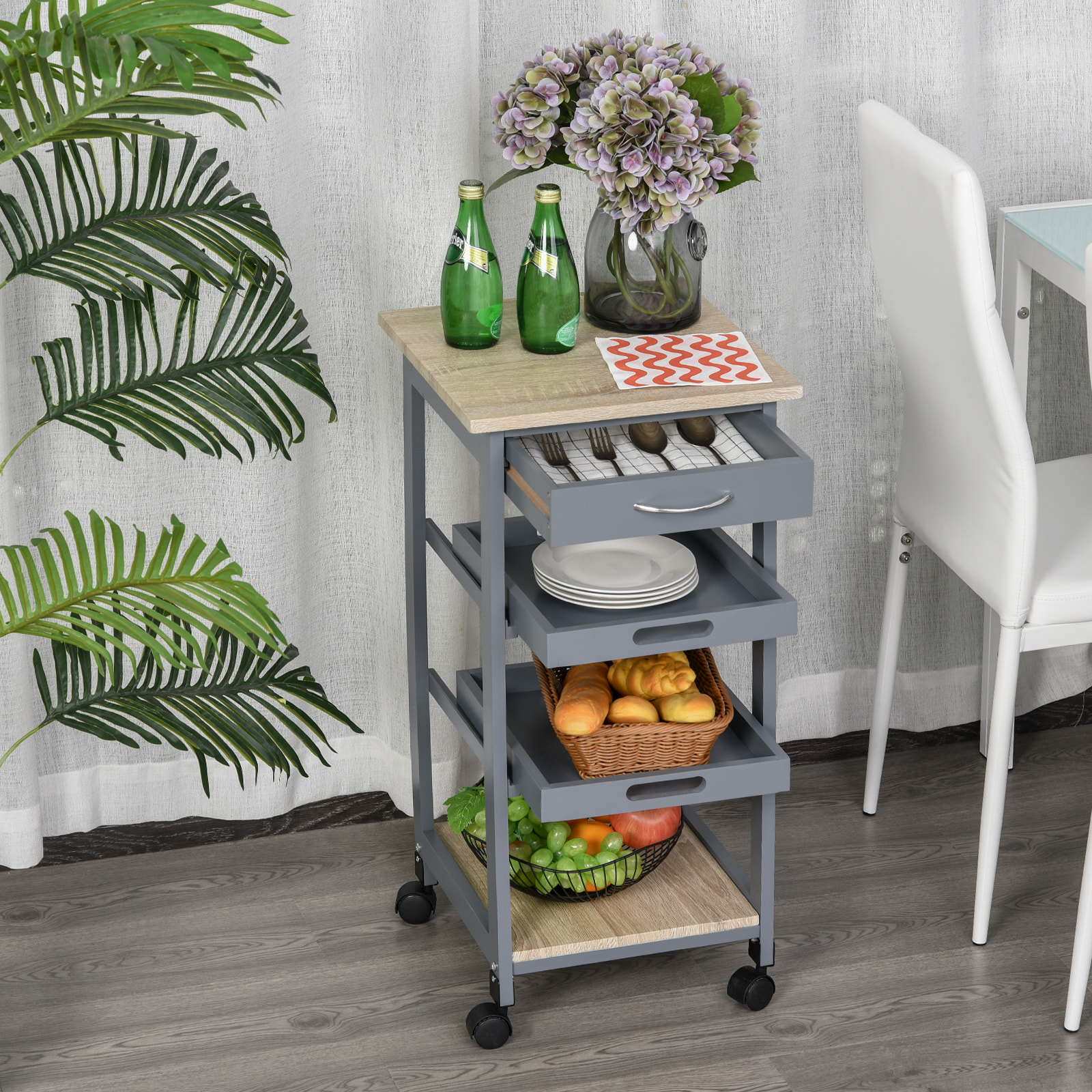 Chariot de service desserte de cuisine à roulettes 2 plateaux amovibles, tiroir, étagère MDF chêne clair bois pin gris