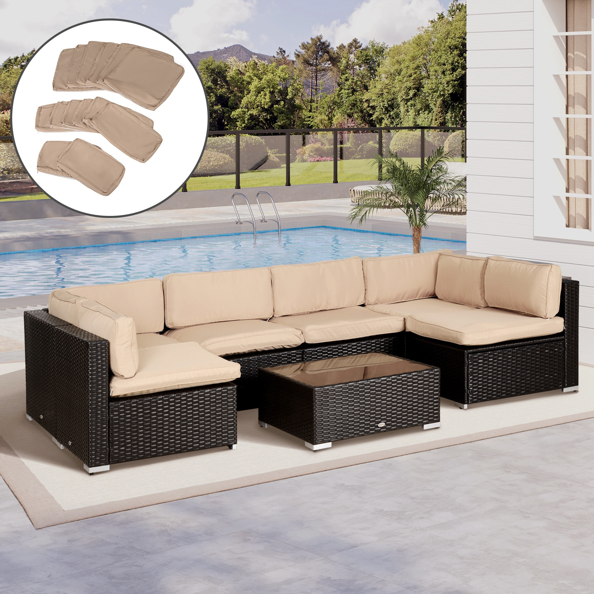 Lot de 14 housses de rechange coussins salon de jardin - 6 housses coussin d'assise, 8 housses coussin dossier - housses zippées polyester déperlant marron