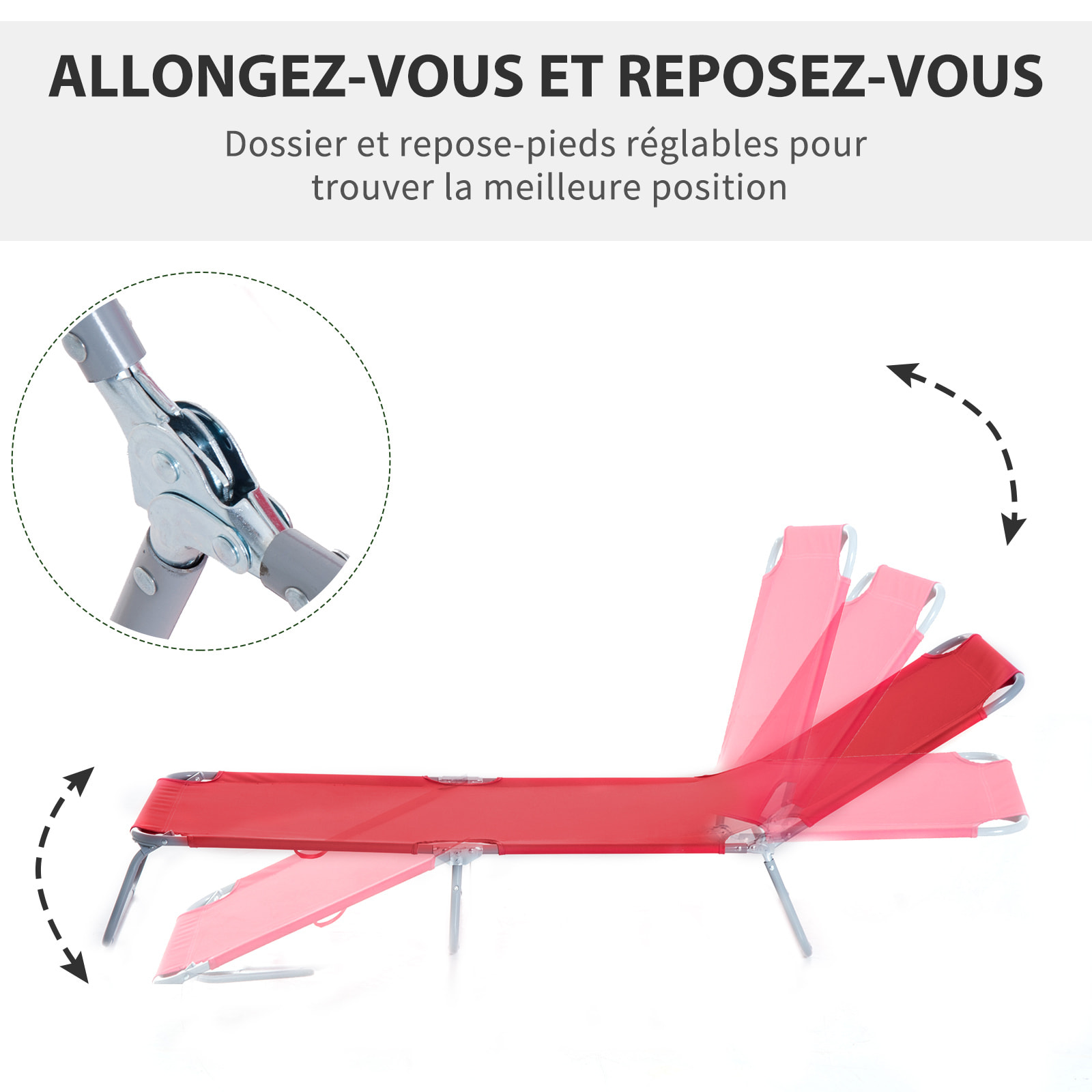 Bain de soleil transat pliable dossier réglable multipositions métal et polyester rouge