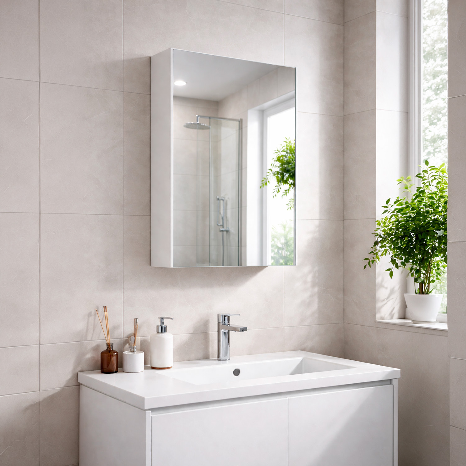 Pensile Bagno Con Anta A Specchio E Ripiani Interni Mobile Sospeso Salvaspazio In Melaminico Arredo Bagno Moderno Minimal  65 x 40 x 21 Cm Bianco