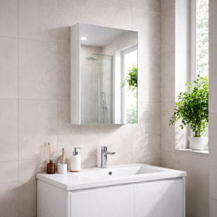 Pensile Bagno Con Anta A Specchio E Ripiani Interni Mobile Sospeso Salvaspazio In Melaminico Arredo Bagno Moderno Minimal  65 x 40 x 21 Cm Bianco