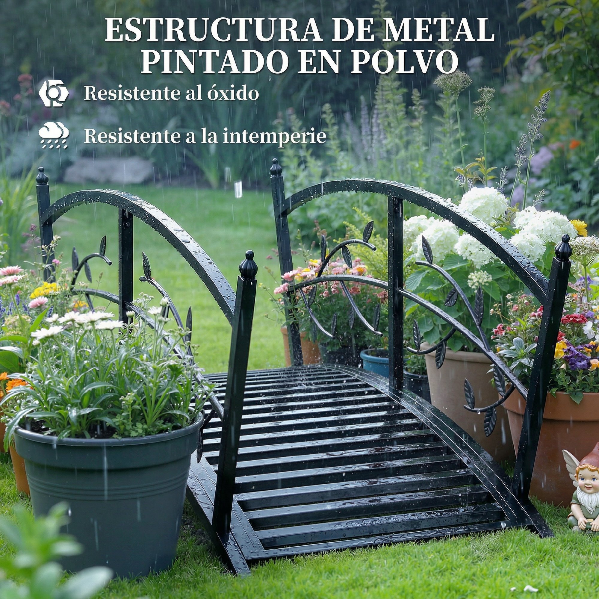 Puente de Jardín Metálico, 1,2 m, Puente Decorativo para Estanques con Barandillas de Seguridad y Diseño de Hojas, Carga 100 kg, Construcción Resistente, Fácil Montaje, Negro