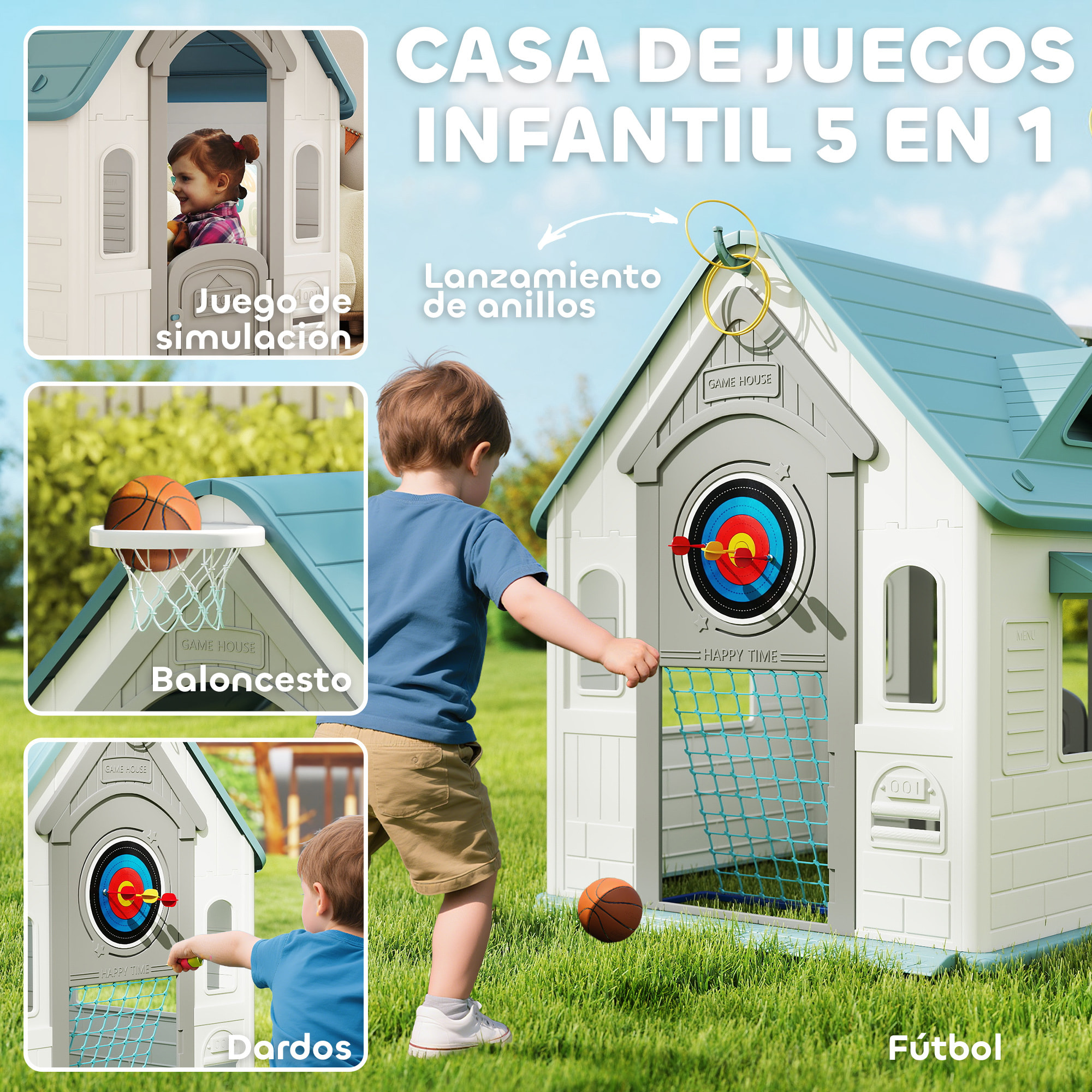 Casita Infantil Exterior e Interior 5 en 1, Casita Infantil de Jardín con Lanzamiento de Aros, Baloncesto, Fútbol, Dardos, Casa de Juegos para Niños de 2-5 Años, Beige
