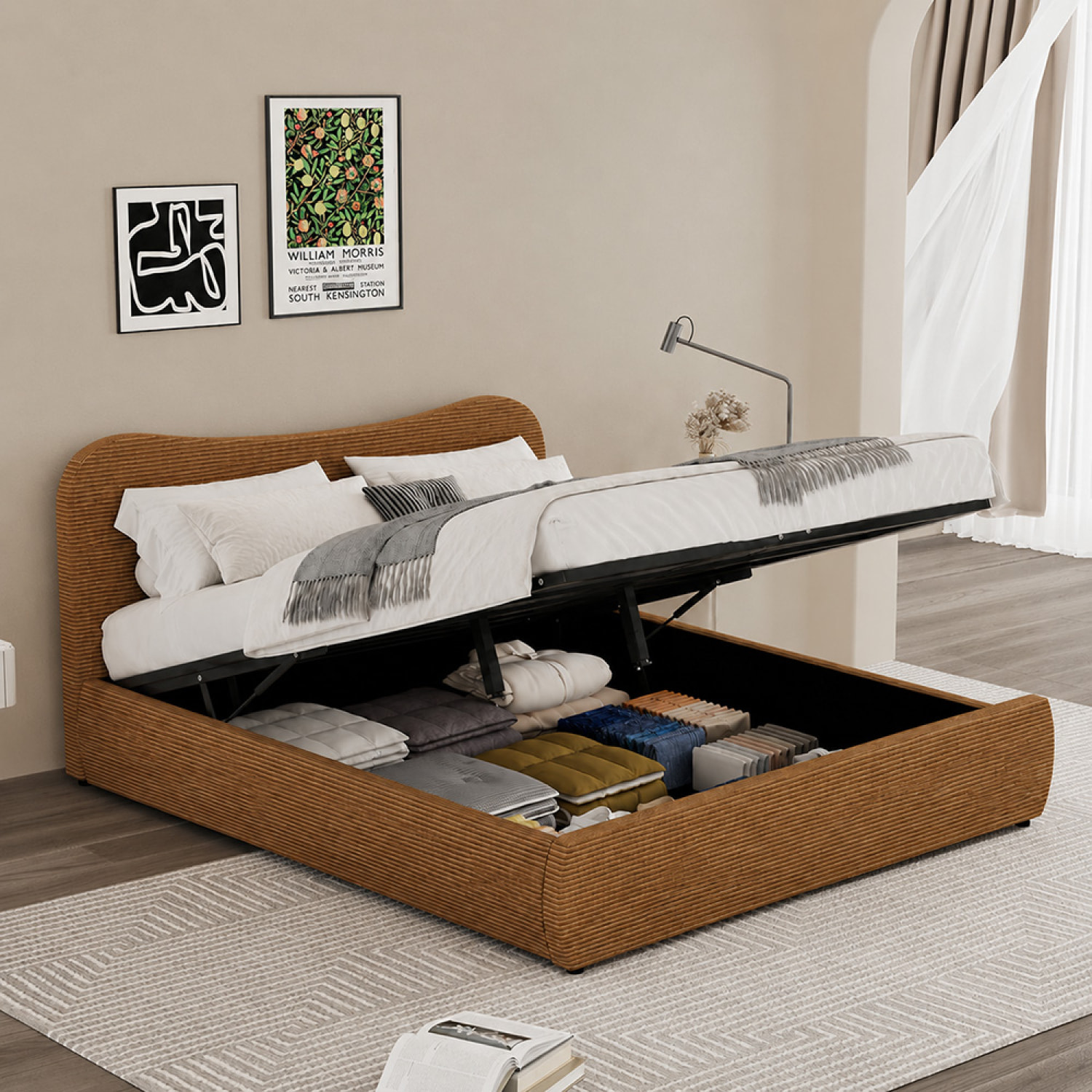 Lit coffre 140x190cm design arrondi velours côtelé marron MILANO