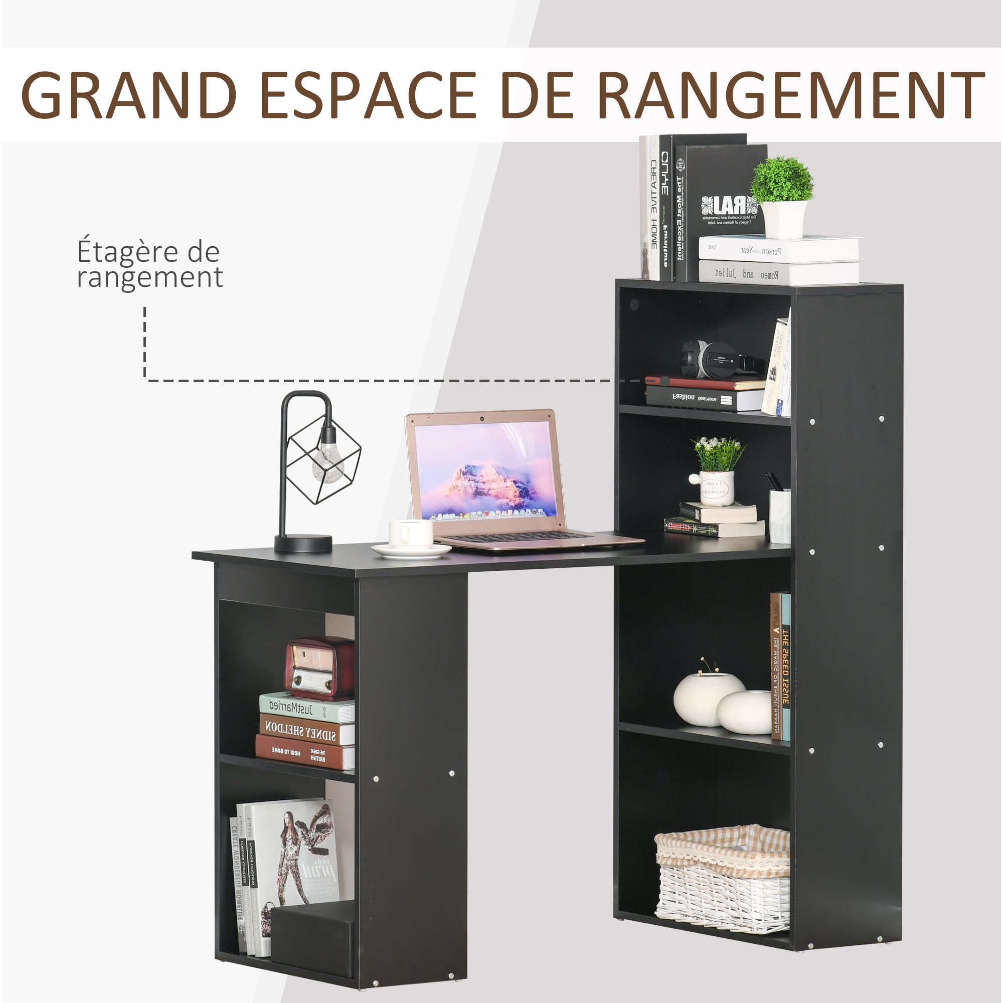 Bureau informatique 120L x 55l x 120H cm bibliothèque adjacente multi-rangements noir