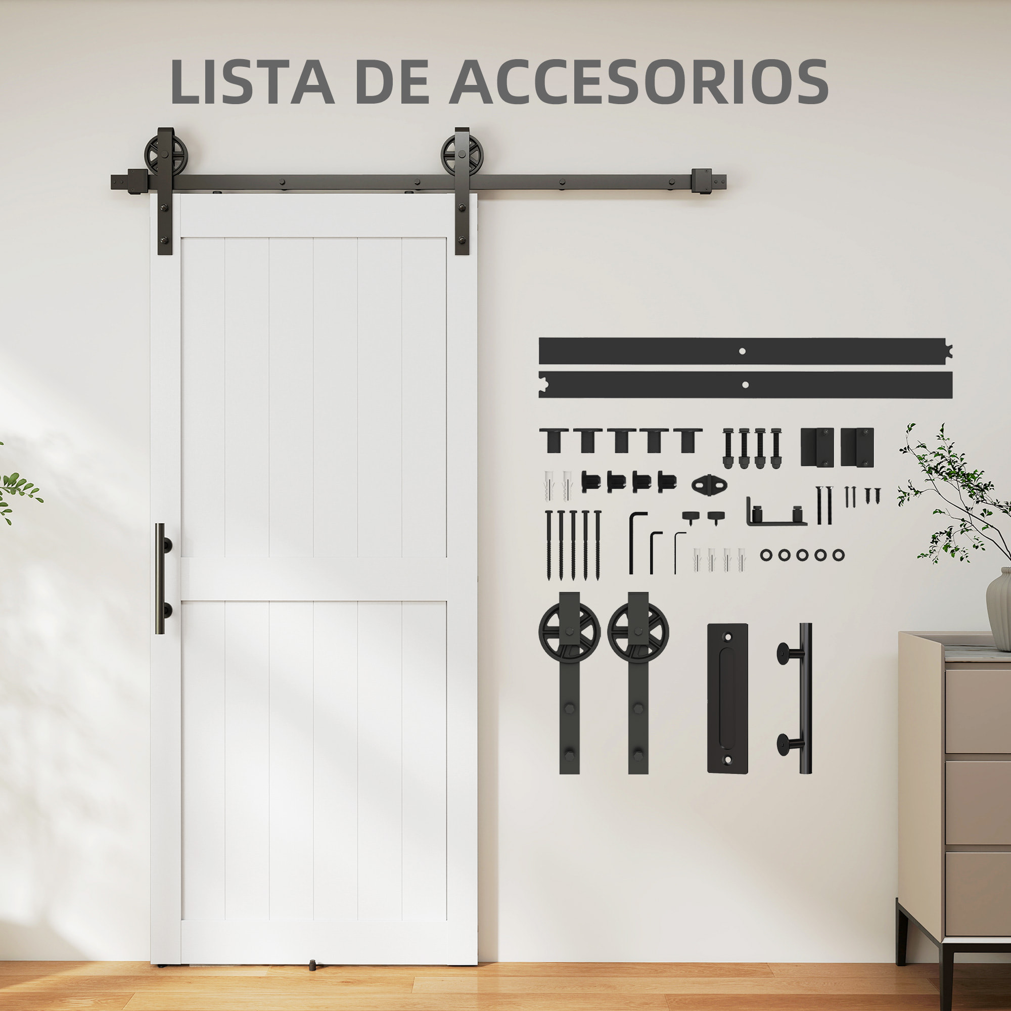 Puerta Corredera de Granero con Herrajes Puerta Corredera de Interior con Manija Rodillo y Guía de Suelo Mejorados para Baño Salón Sala de Estar 91,5x213,4 cm Blanco