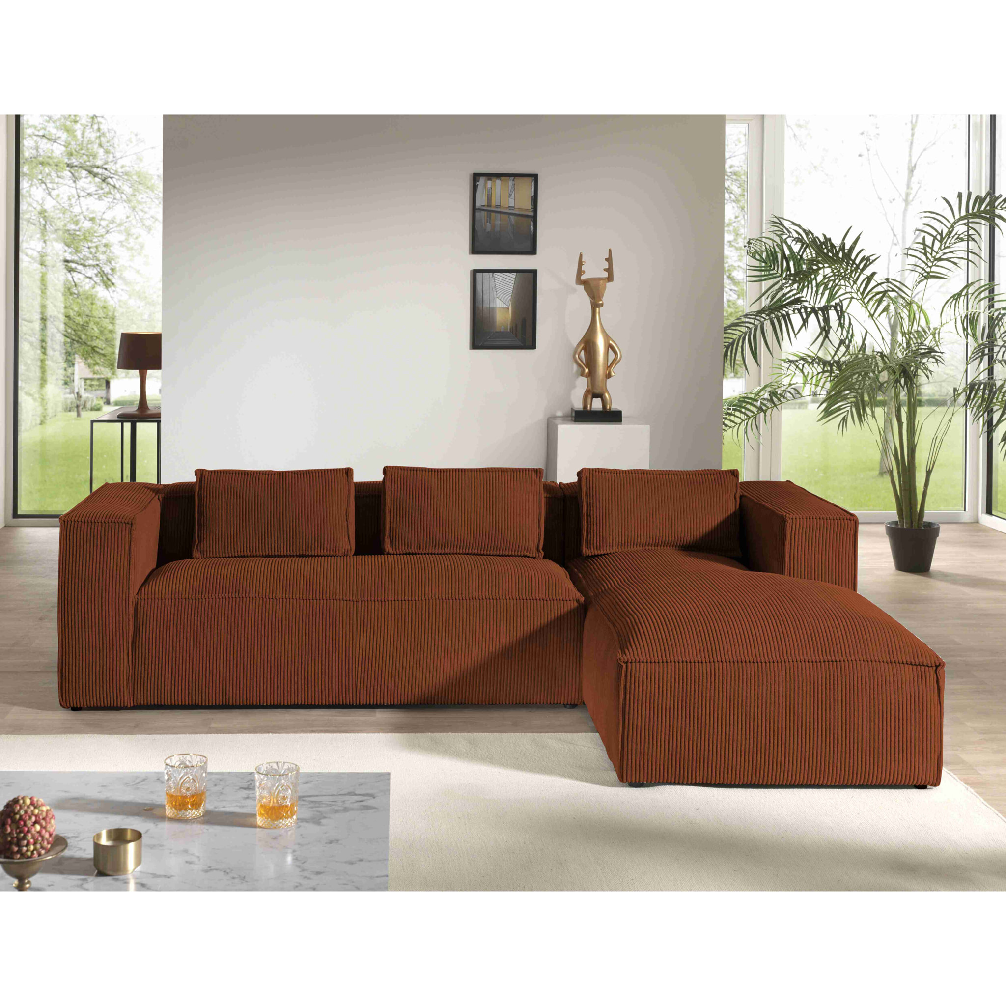 Stella - canapé d'angle droit en velours côtelé - 4 places -style contemporain - Terracotta