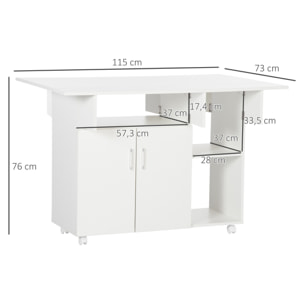 Table de salle à manger pliable sur roulettes 3 compartiments placard étagère blanc