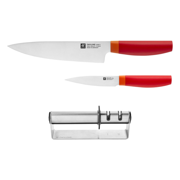 set de couteaux NOW S ROUGE et aiguiseur, 3 pcs