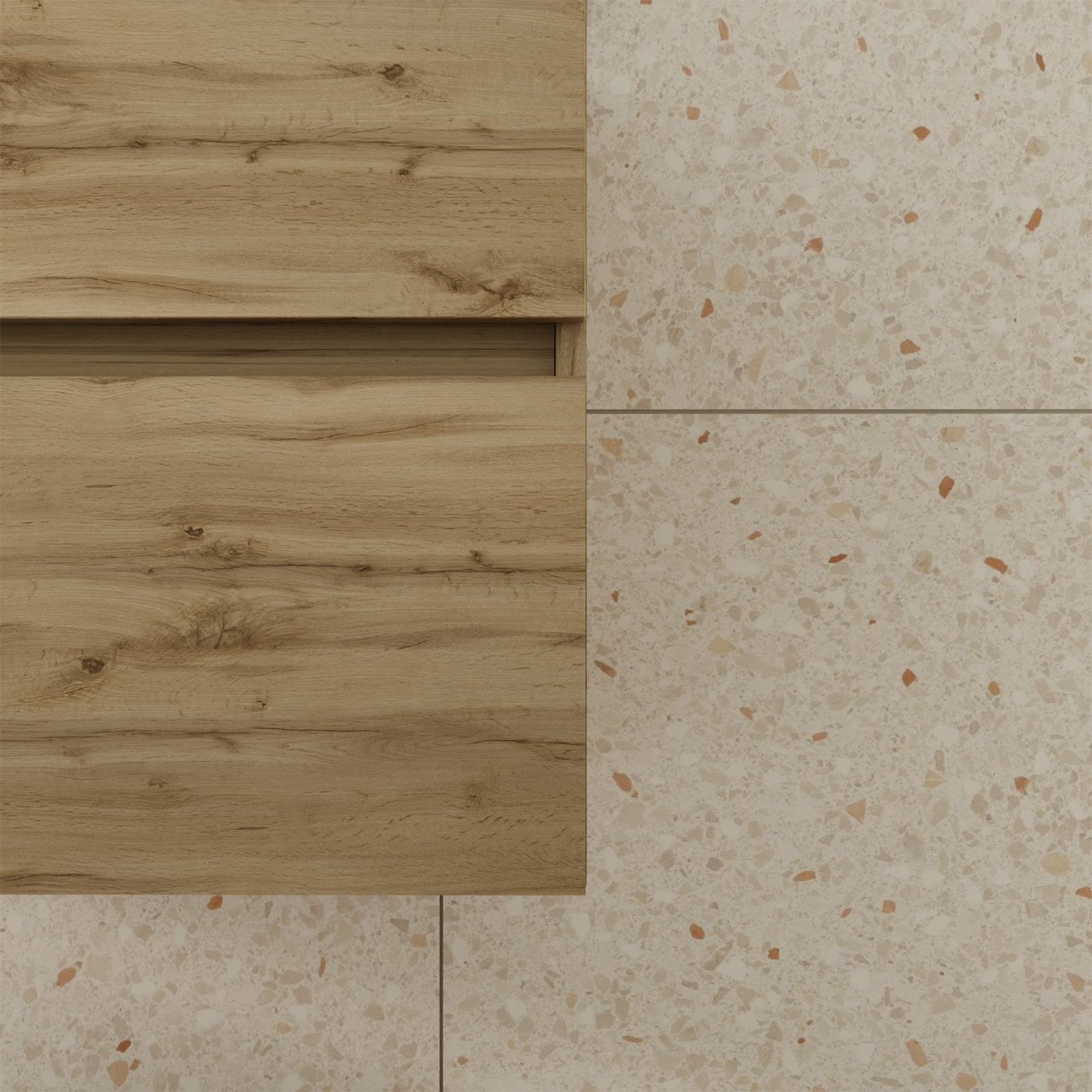 Pack Meuble Salle de Bains 50cm Chêne Naturel 2 Tiroirs avec Vasque Céramique Noire - TIMBER