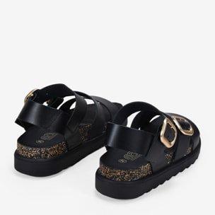 Sandalias de cuña negras en piel con hebillas