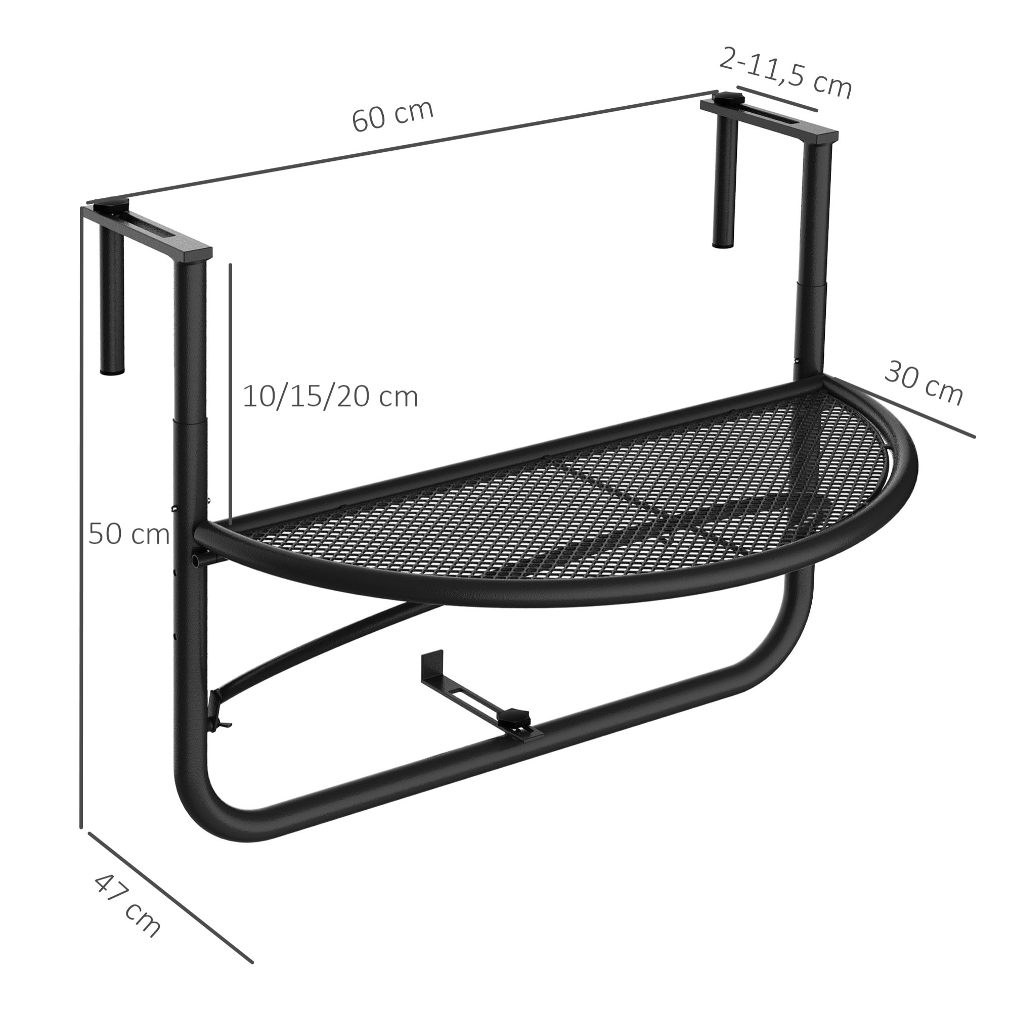 Mesa Colgante de Balcón Semicircular 60x47x50 cm Ajustable en Altura Simple y Conveniente para Barandilla de Balcón Terraza Patio